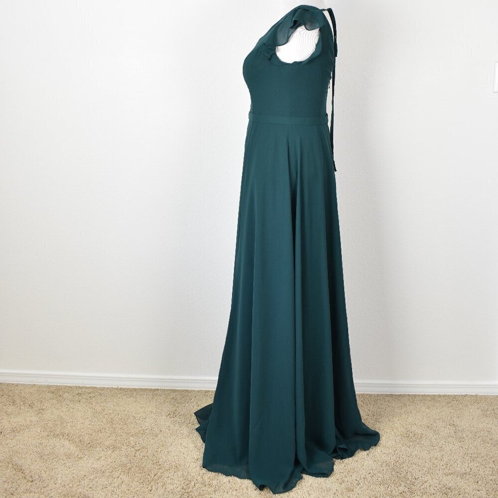 Azazie CLAUDINE Pine A-Line Flutter Sleeve Chiffon Dress NEW - 12 - Picture 6 of 11